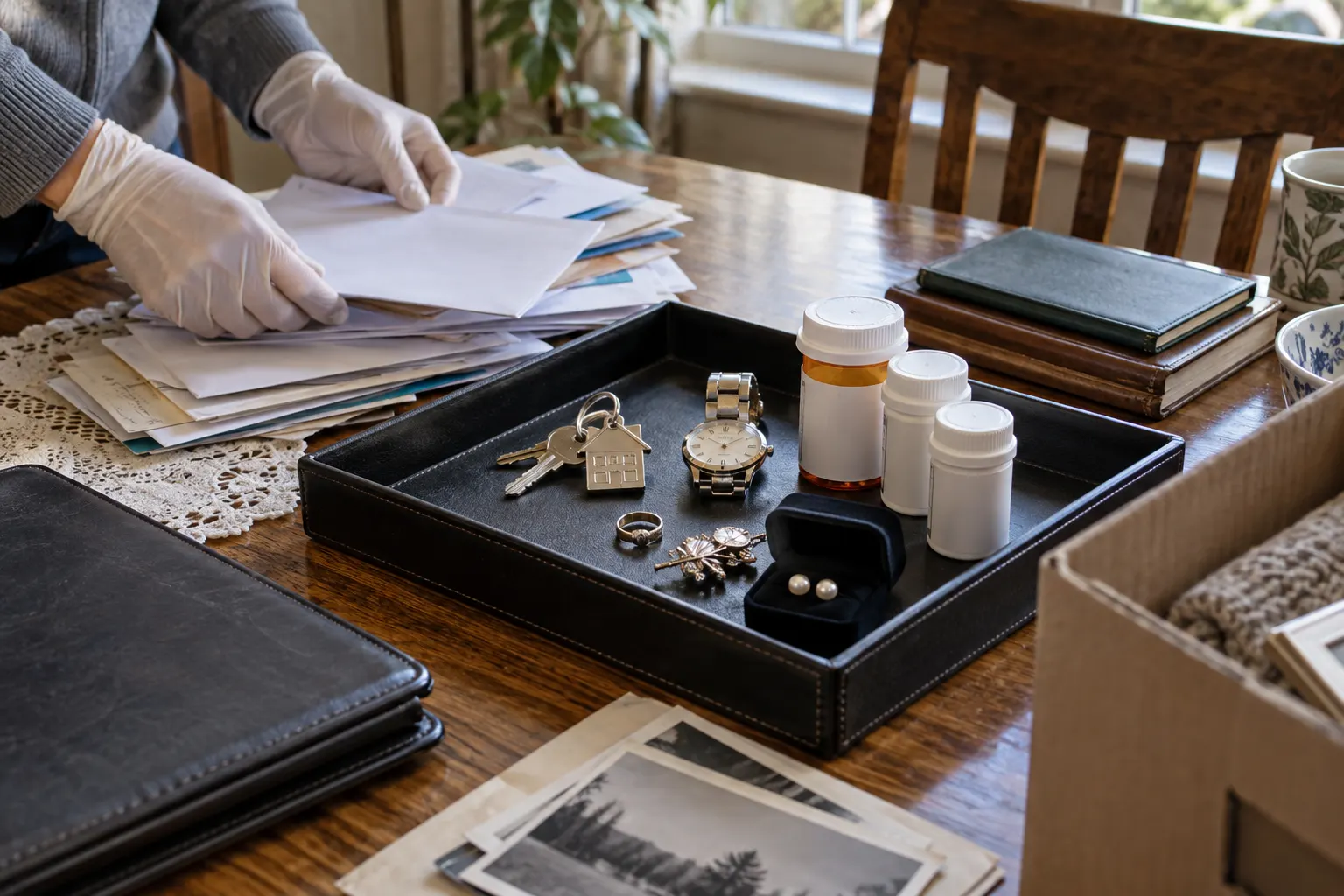 Keys, valuables, medicine containers, and important papers are set aside before removal