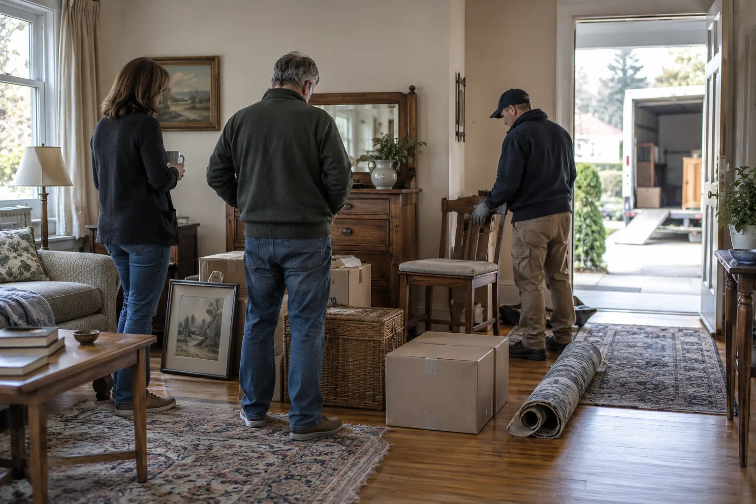 Family members and a hauler prepare a quiet home for a respectful estate cleanout