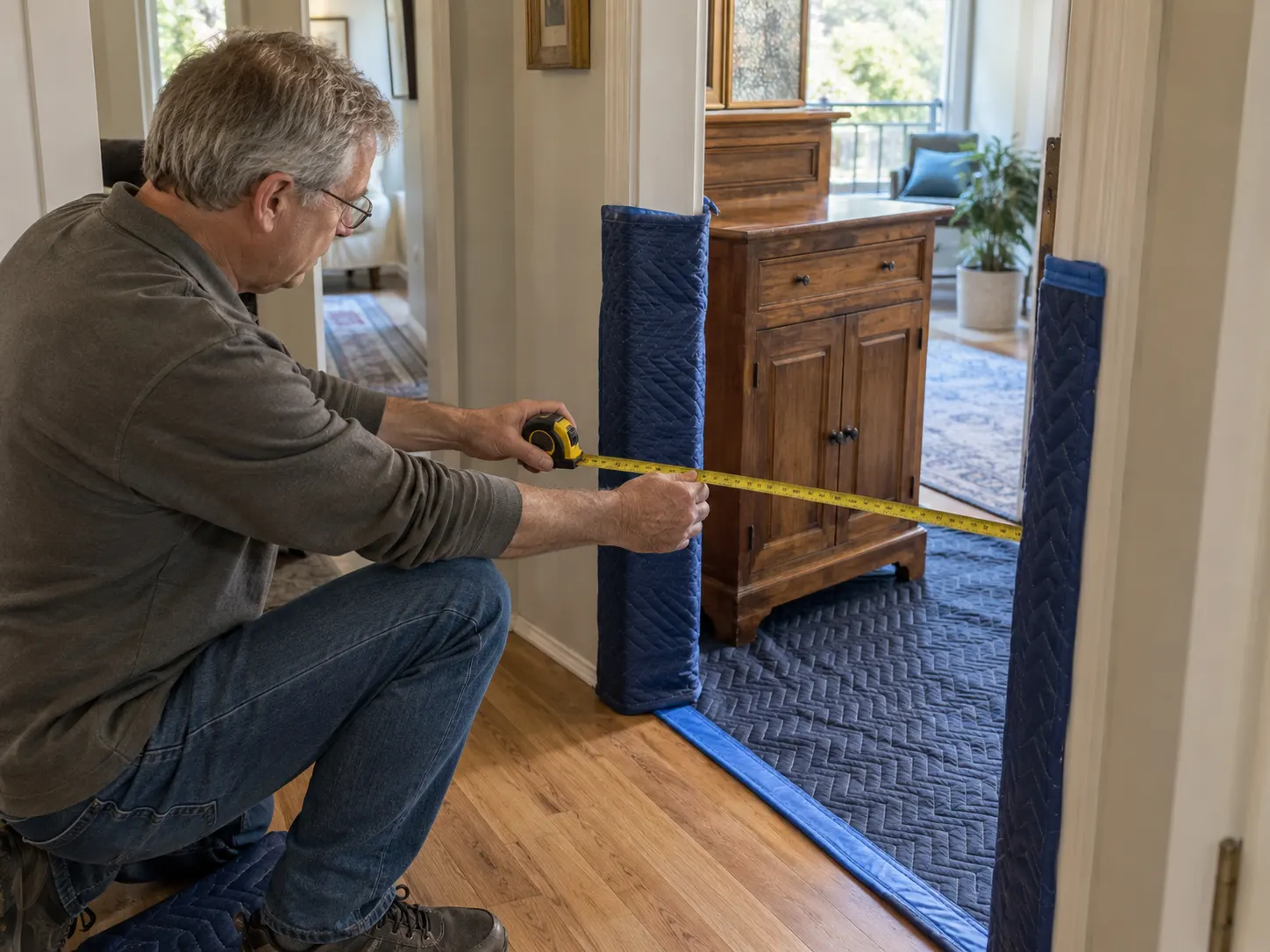 A doorway is measured and protected before a wooden cabinet is moved